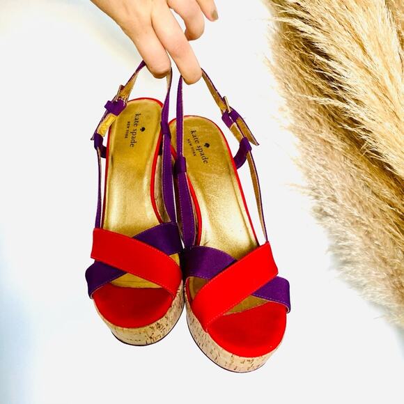 KATE SPADE Purple Red Colorblock Penny Cork Wedges Heeled Sandals Slingback 9.5 - Picture 4 of 12